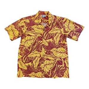 Aloha Republic Hawaiian Shirt‎ Mens Large Leaf Print Yellow Burgundy Cotton
